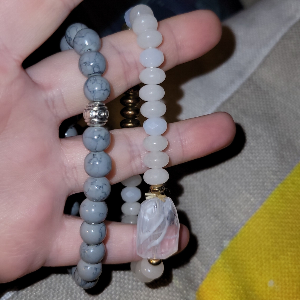Grey Howlite & White Chalcedony Chic Beaded Stretch Bracelets - Non-magnetic